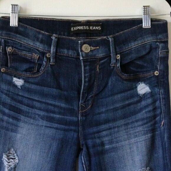 Women's Express Jeans Mid Rise Cropped Legging Dark Wash Size 6 Distressed - Picture 2 of 5